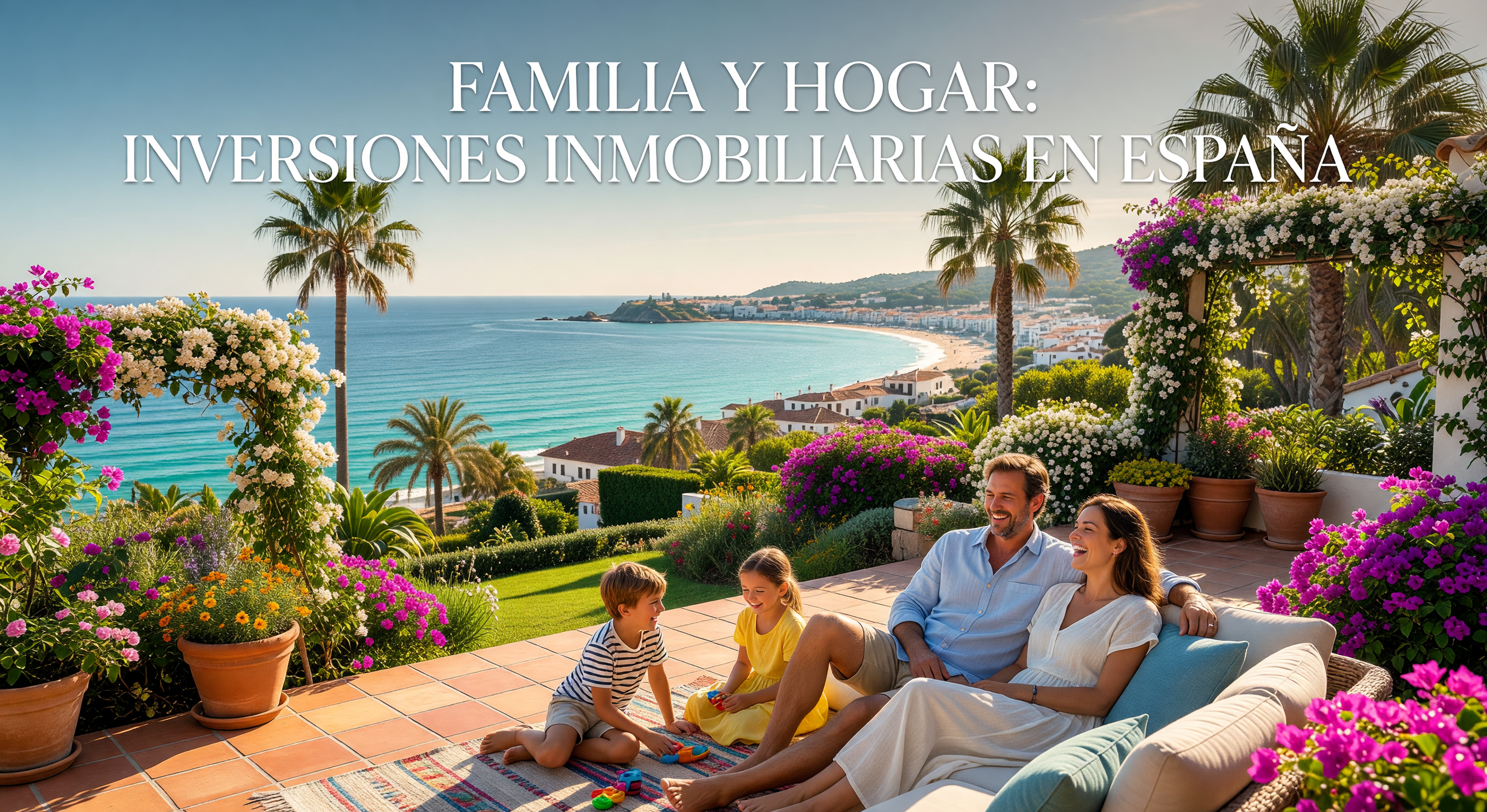 Familia en terraza con vistas al mar en España
